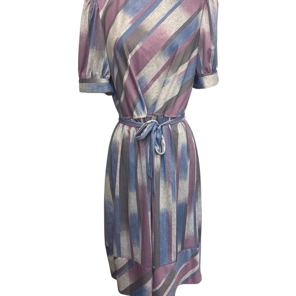Vintage Glamax Striped Dress With Puff Sleeves & Waist Tie Size M Made In USA Mu